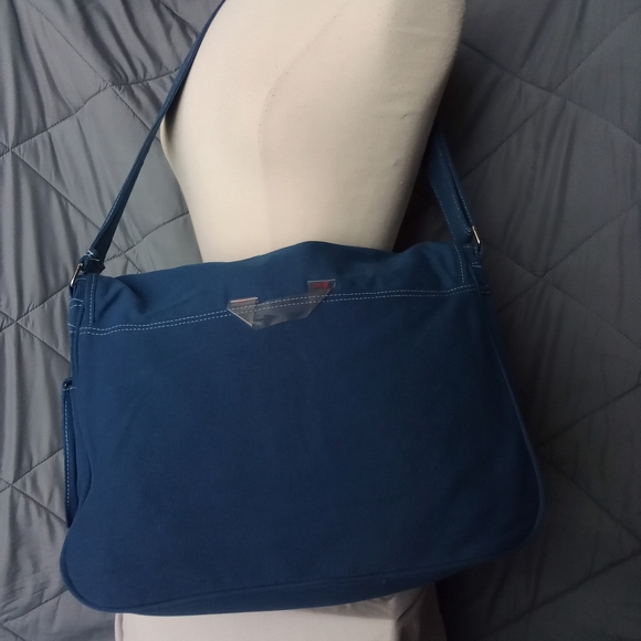 Women's Blue Satchel Crossbody Utility Bag with Blue & Pink Floral Design Lining - Picture 2 of 13